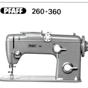 May include: A vintage Pfaff 260 sewing machine in a grayscale image. The machine has a rounded body with several dials and a needle arm. The brand name and model numbers are displayed at the top and on the machine itself. The machine is on a white background.