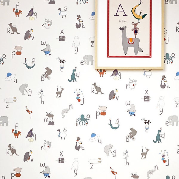 Alphabet Wallpaper, Kids Wallpaper, Nursery Decor, Gender Neutral, Hand-drawn, Childrens Wallpaper, Baby Room, Bedroom, Decor, Animals