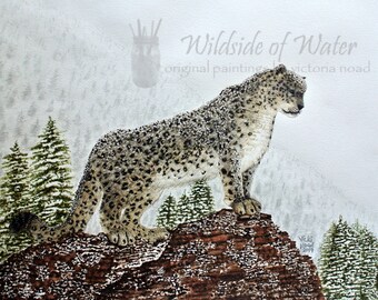 Print of Snow Leopard on the Mountain Watercolor Painting, 8" x 10"