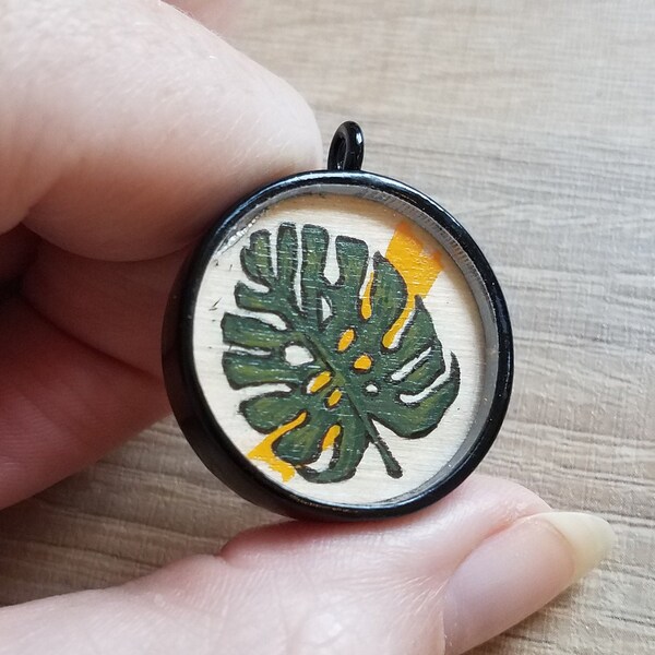 Monstera Leaf - Handmade Miniature Painting Pendant with Metal Frame