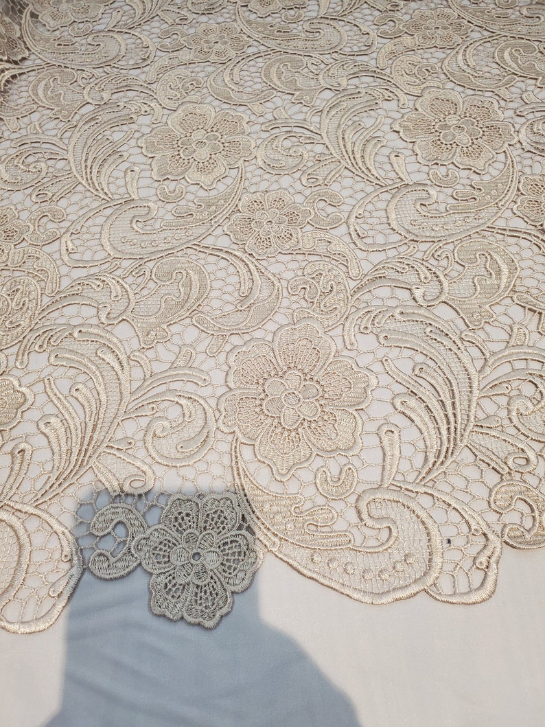 Floral Guipure Lace fabric, elegant Flower Embroidery, Chemical Lace fabric in 10colors Taupe