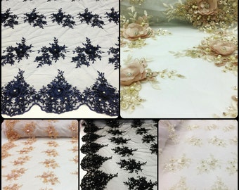 Beaded and Diamond Lace Fabric with 3D Flower Design on Polyester Mesh - Item # 679