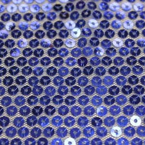 以下が含まれることがあります： 青いスパンコール生地のクローズアップ。スパンコールは繰り返しパターンで配置され、キラキラと輝く効果を生み出しています。