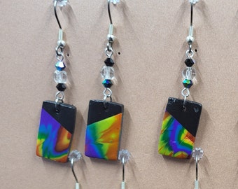 Rainbow Tie-Dye and Black Rectangle Deco Earrings