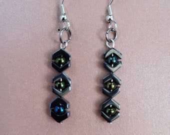 Mirror Eye Dangles - Black and Peacock Glass