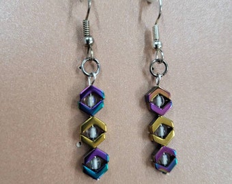 Mirror Eye Dangles - Peacock, Gold and White Cats-Eye