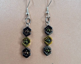Mirror Eye Dangles - Black, Gold and Peacock Glass