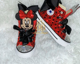 Youth/Toddler Red Minnie Mouse Bling Chuck Taylor Shoes, Bling Shoes, Newborn Shoes, Rhinestone Chuck Taylor, Birthday Shoes