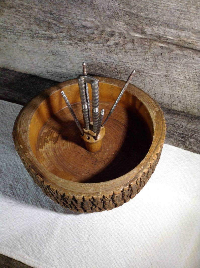 Vintage Tree Bark Nut Bowl with HMQ Nut Cracker and Four Picks Etsy