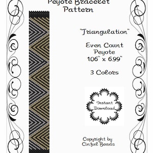 Könnte beinhalten: Ein schwarzes und weißes Peyote-Armbandmuster mit goldenen Akzenten. Das Muster heißt "Triangulation" und ist 1,06 Zoll mal 6,99 Zoll groß. Es verwendet 3 Farben und ist ein gerades Peyote-Muster.