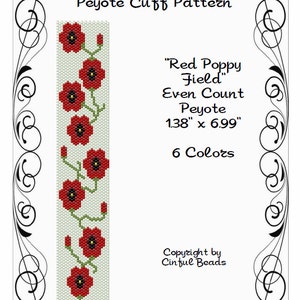 Peyote Bracelet Pattern, Red Poppy Flowers using Miyuki 11/0 Delica beads