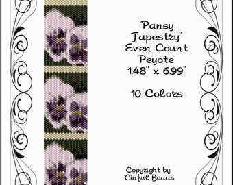 Peyote Bracelet Pattern, Floral Design, Pansies using Miyuki 11/0 Delica beads