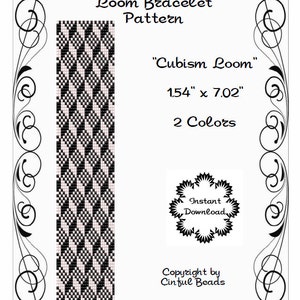 May include: Black and white loom bracelet pattern called "Cubism Loom" measuring 1.54 inches by 7.02 inches. The pattern is for a loom bracelet with two colors.