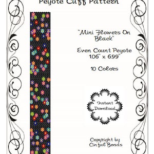 Peyote Bracelet Pattern - Black Mini Flowers Peyote Beading Pattern - Miyuki Delica Bracelet