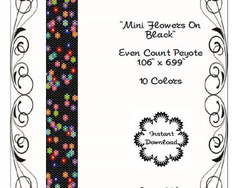 Peyote Bracelet Pattern - Black Mini Flowers Peyote Beading Pattern - Miyuki Delica Bracelet
