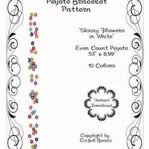 Peyote Bracelet Pattern, Skinny Daisy Design, White background using Miyuki 11/0 Delica beads