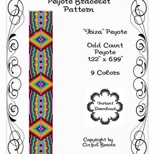 May include: A colorful peyote stitch bracelet pattern with 9 colors, titled "Ibiza" Peyote. The pattern is for an odd count peyote bracelet that is 1.22 inches wide and 6.99 inches long. The pattern is an instant download.