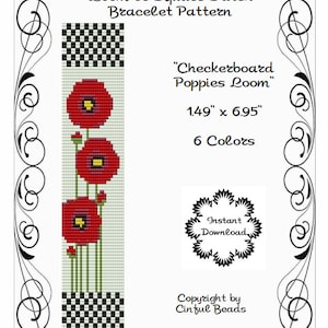 LOOM OR SQUARE Stitch Pattern - Peyote Pattern - Poppies - Red Poppies - Miyuki Delicas - Checkerboard - Floral Pattern-Flower Loom Pattern