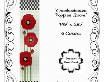 LOOM OR SQUARE Stitch Pattern - Peyote Pattern - Poppies - Red Poppies - Miyuki Delicas - Checkerboard - Floral Pattern-Flower Loom Pattern