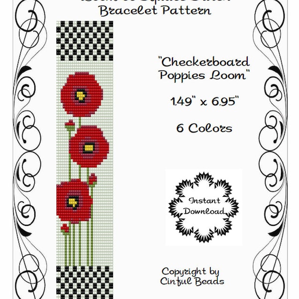 LOOM OR SQUARE Stitch Pattern - Peyote Pattern - Poppies - Red Poppies - Miyuki Delicas - Checkerboard - Floral Pattern-Flower Loom Pattern