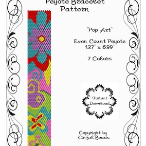 Peyote Bracelet Pattern, Pop Art Flowers using Miyuki 11/0 Delica beads
