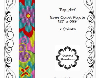 Peyote Bracelet Pattern, Pop Art Flowers using Miyuki 11/0 Delica beads