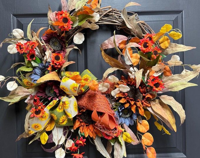Fall Blue/Orange Sunflower Wreath