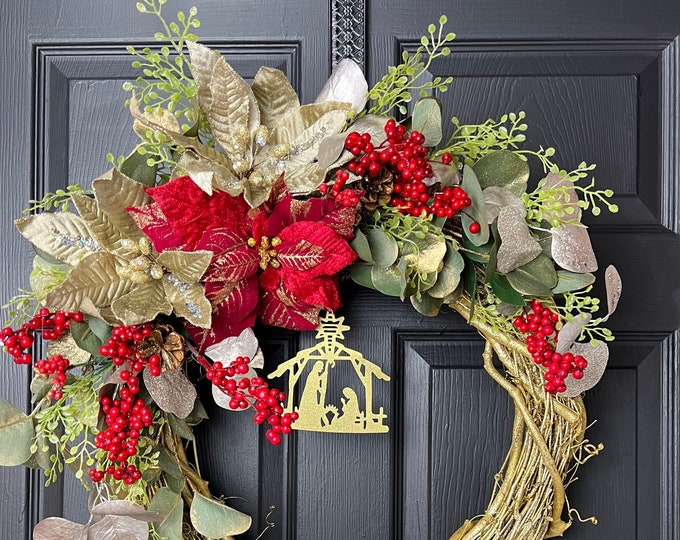 CHRISTMAS WREATH with NATIVITY Sign