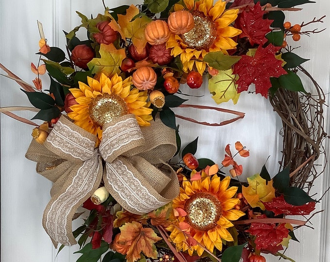 Fall Wreath, Sunflower Wreath, Pumpkin Wreath, Maple Leaf Wreath,  Autumn Wreath,