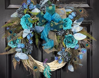 Front Door wreath with Peacock design , Elegant Home decor, Farm house decor , Willow, Rattan , Grapevine Garland