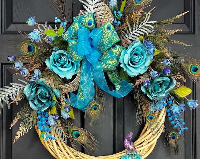 PEACOCK WREATH, Garland with Peacock Feathers , Elegant Entrance Decor