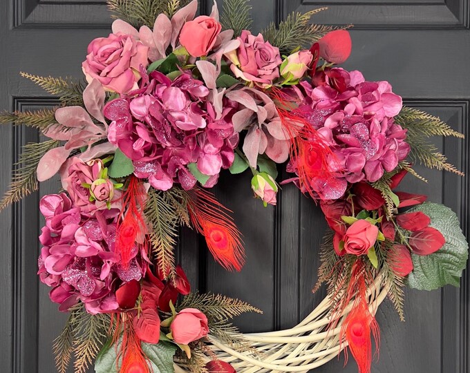 Handcrafted Spring Wreath, Red Wreath, Peacock feather, Garland with Peacock Feathers , Elegant Entrance Decor