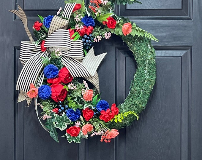 Front door wreath Peony, Blue Carnation, BlackWhite Bow