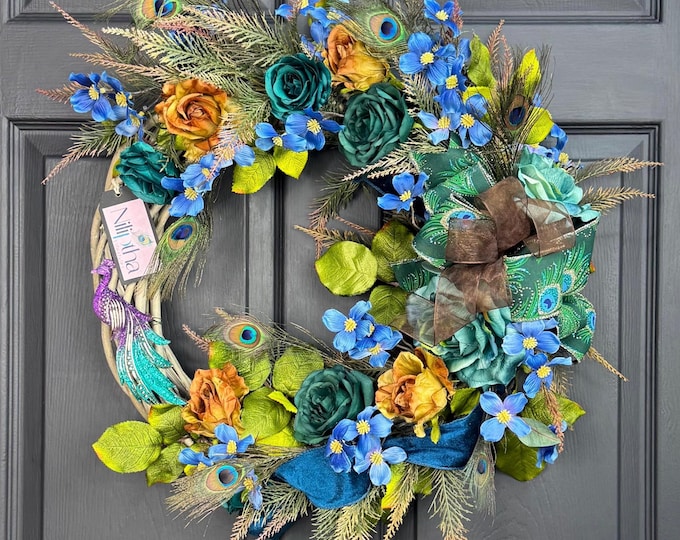 PEACOCK WREATH, Garland with Peacock Feathers , Elegant Entrance Decor