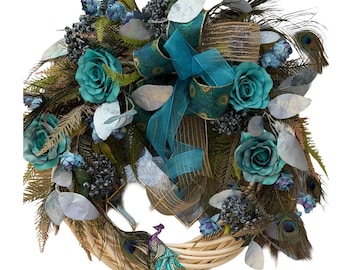 Front Door wreath with Peacock design , Elegant Home decor, Farm house decor , Willow, Rattan , Grapevine Garland
