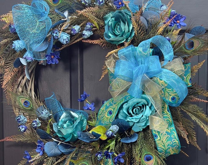 PEACOCK WREATH, Garland with Peacock Feathers , Elegant Entrance Decor