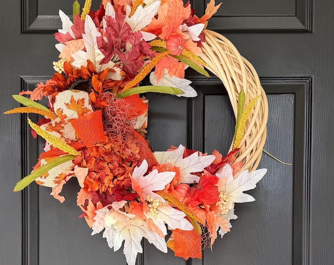 Fall Wreath – Handmade Front Door Wreath with Maple Leaves,