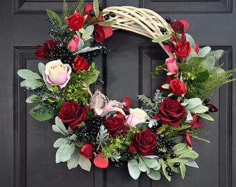 Front door Wreath with Rose Flower Elegant Farmhouse Decor