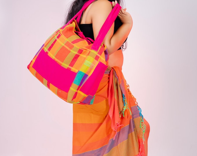 Handmade Cotton Beach Tote: Multi Color Woven Bag with Pockets