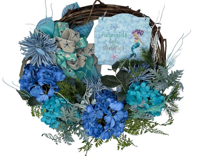Front door reath, Mermaid Sign, Light Blue Floral garland