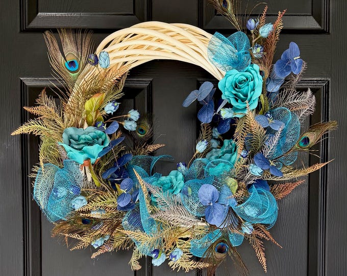 Peacock Feather Wreath: Turquoise Blue Elegant Entrance Decor