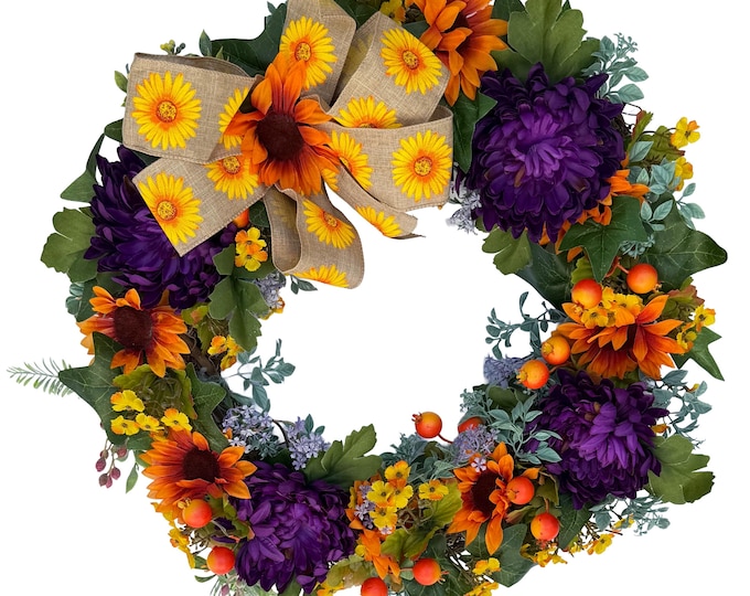 Hydrangea Summer Wreath: Orange, Pink, Blue Floral Door Decor