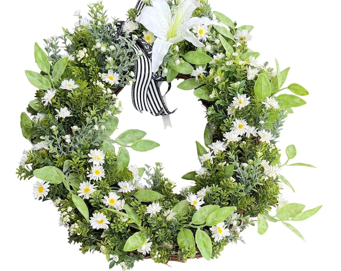 Tiger Lily Wreath: Green Leaves & Black/White Bow - Yearround Decor