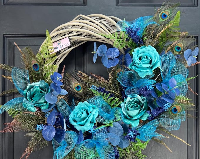 Peacock Feather Wreath: Turquoise Blue Elegant Entrance Decor