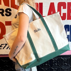 1990s L.L. Bean Boat and Tote X-Large Canvas Bag with &quot;Vicki&quot; Embroidery