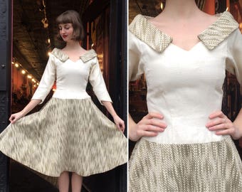 Vintage 1950s Lilli Ann Gold and Linen Dress