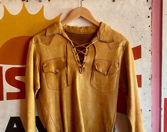 1960s Tan Leather Lace Up Pullover with Side Zipper | Men's size Small