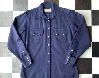 1960s Navy Blue "Jack Frost Woolen Wear" Shirt with Sawtooth Pockets | Size Large