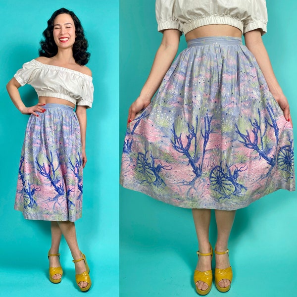 1950s Scenic Pastel Western Printed Cotton Skirt | 29" Waist | As Is