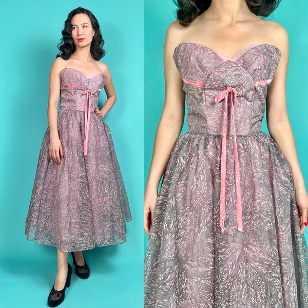 1950s Pink and Grey Strapless Tulle Cupcake Dress | Size XS